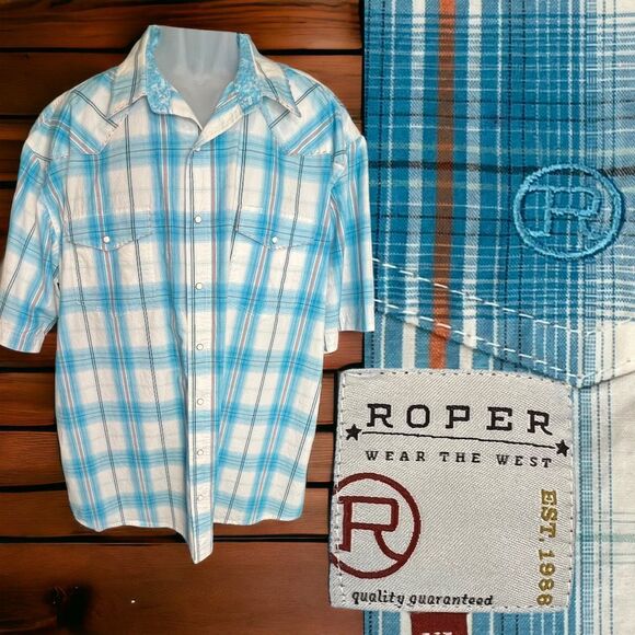 Roper Wear The West Men's Plaid Collared Pockets Button-Up Shirt Blue Size XL - Picture 2 of 12